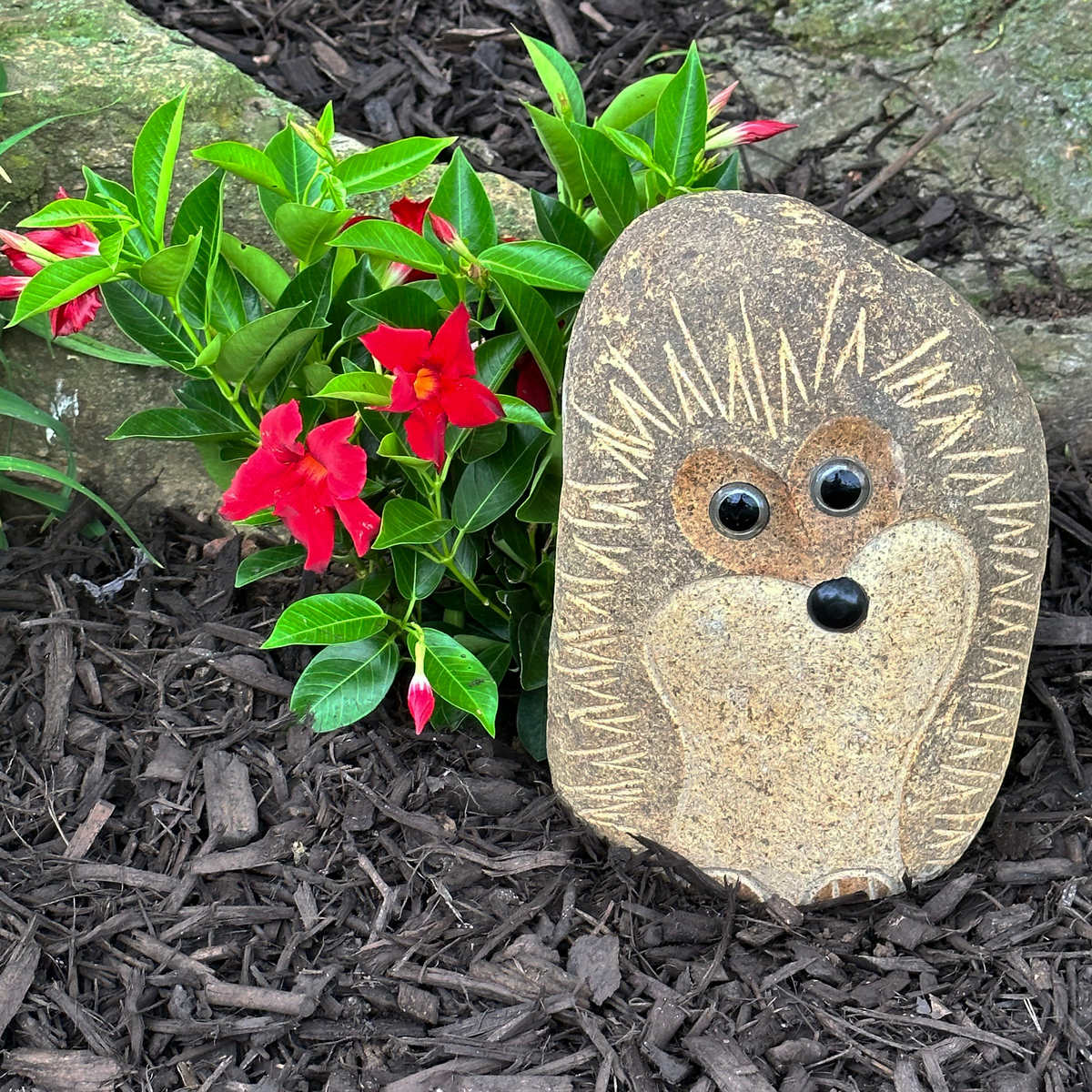 Hand carved natural granite 12&quot; boulder stone hedgehog in garden setting.