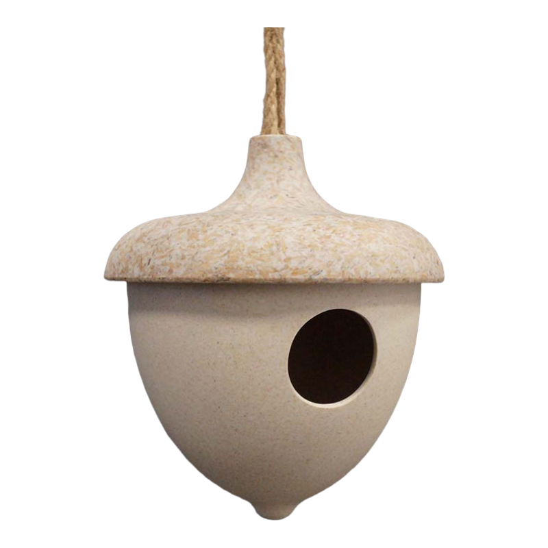 7.4" Hanging Acorn Birdhouse made from chaff and bamboo, eco-friendly design, 6.3" diameter.