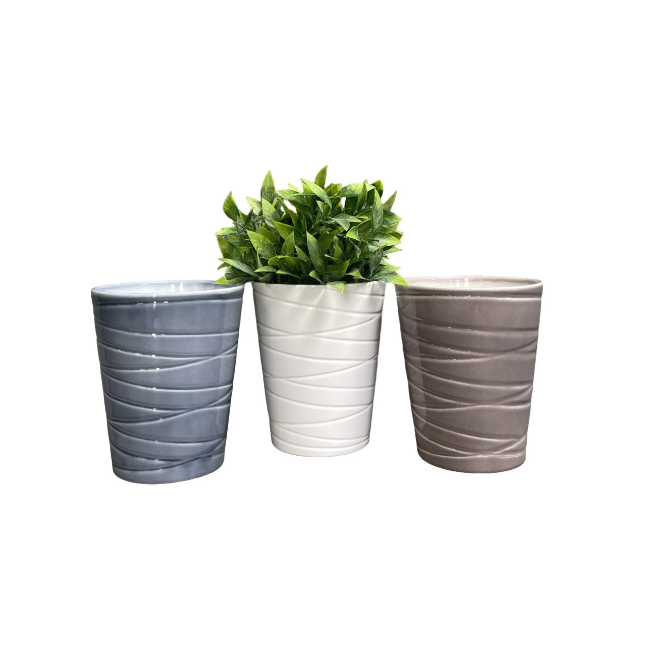 3-piece indoor ceramic orchid plant pot set in white, blue-gray, and warm-gray, 5.1-inch diameter.