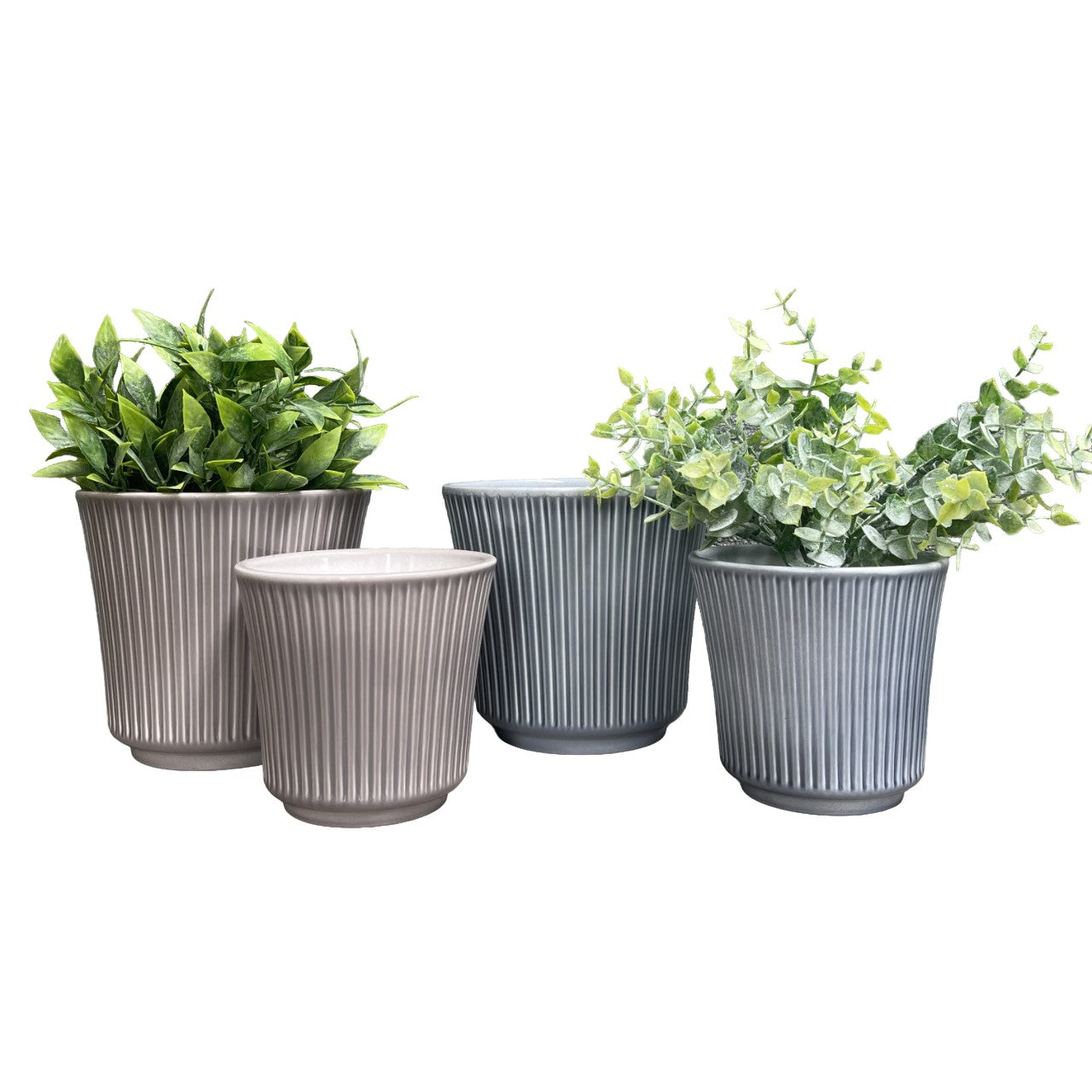 4-Piece indoor ceramic plant pot set in blue-gray and warm-gray, featuring two sizes: 6.3" and 4.7" diameter.