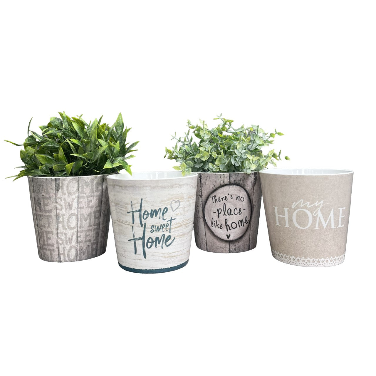 4-piece indoor ceramic plant pot set, 5.5" diameter, "Home" designs, natural clay, waterproof, no drainage holes.