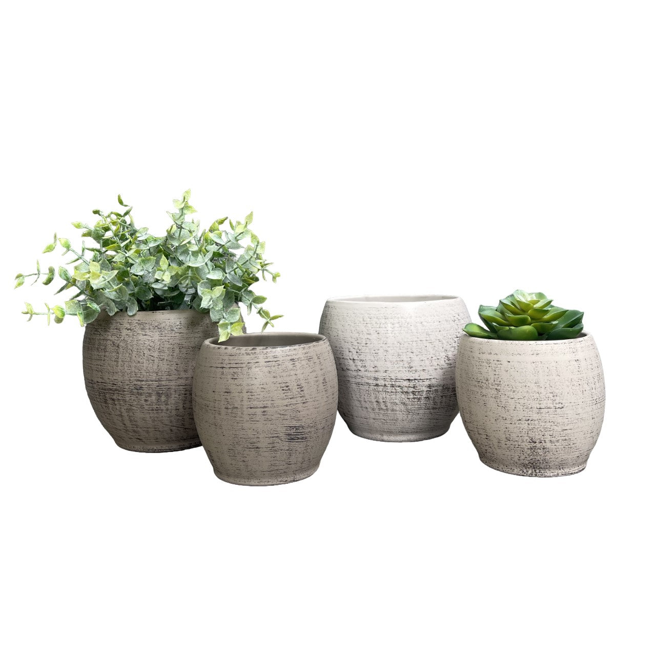 4-Piece Indoor Ceramic Plant Pot Set in Wood Optics Gray and Brown, 5.9" and 4.7" diameter, waterproof, German-made.