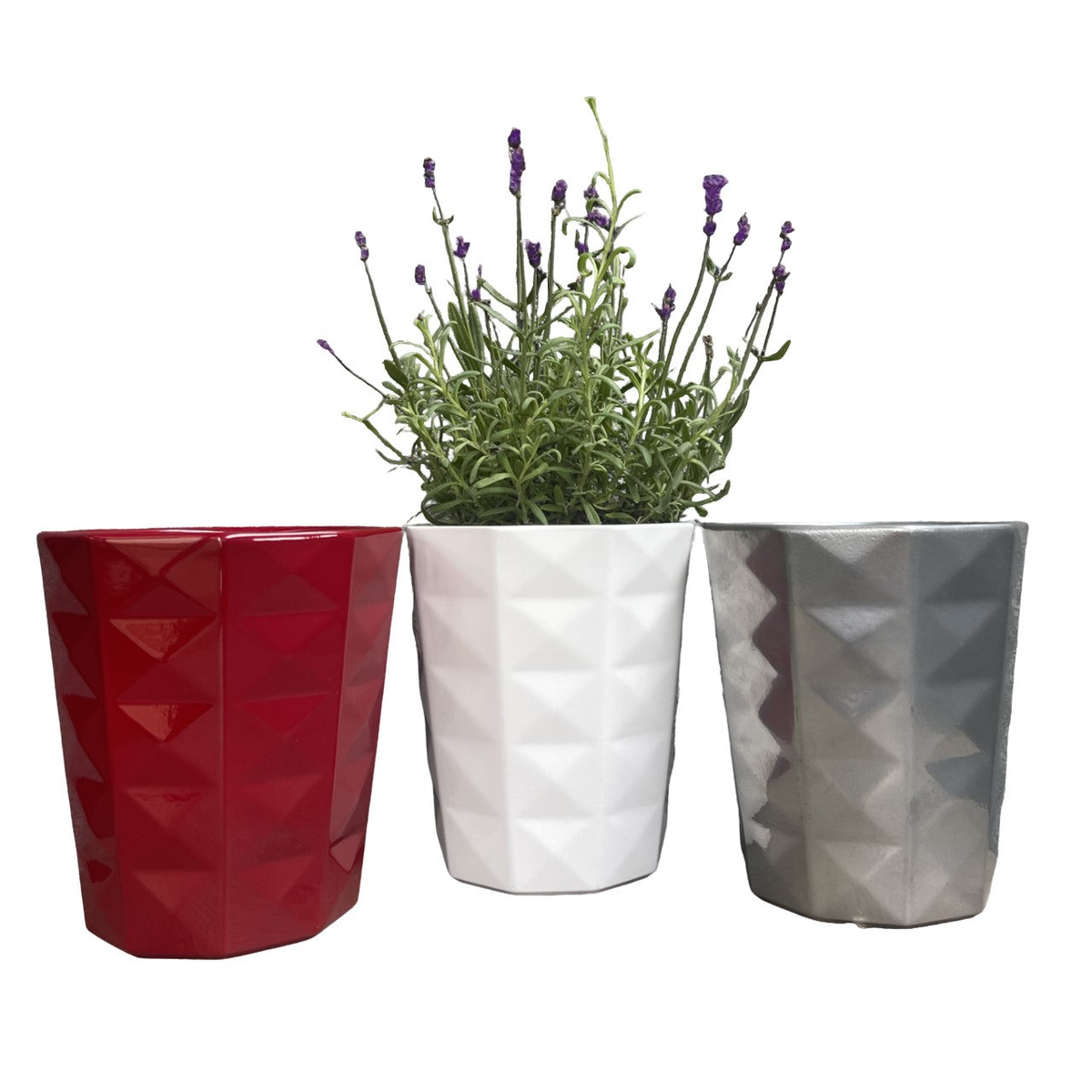 3-Piece Indoor Ceramic Plant Pot Set, 5.9&quot; diameter, red, white, silver, shiny finish, made from natural native clay, waterproof, indoor use.