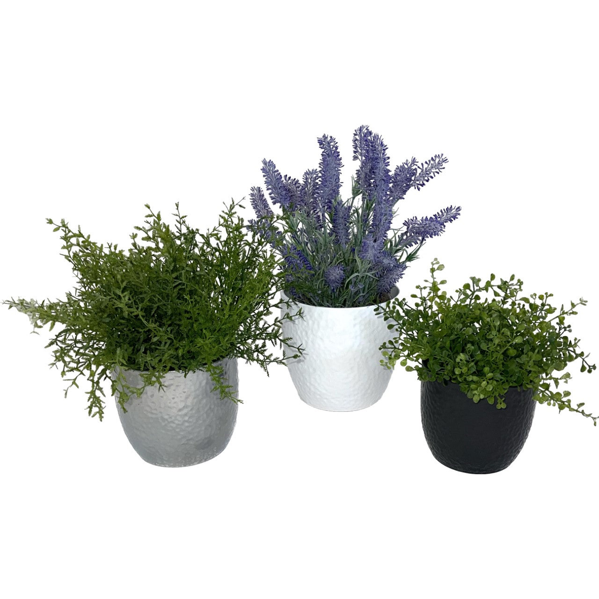 3-Piece Indoor Ceramic Plant Pot Set in Matte White, Shiny Silver, and Matte Anthracite with plants.