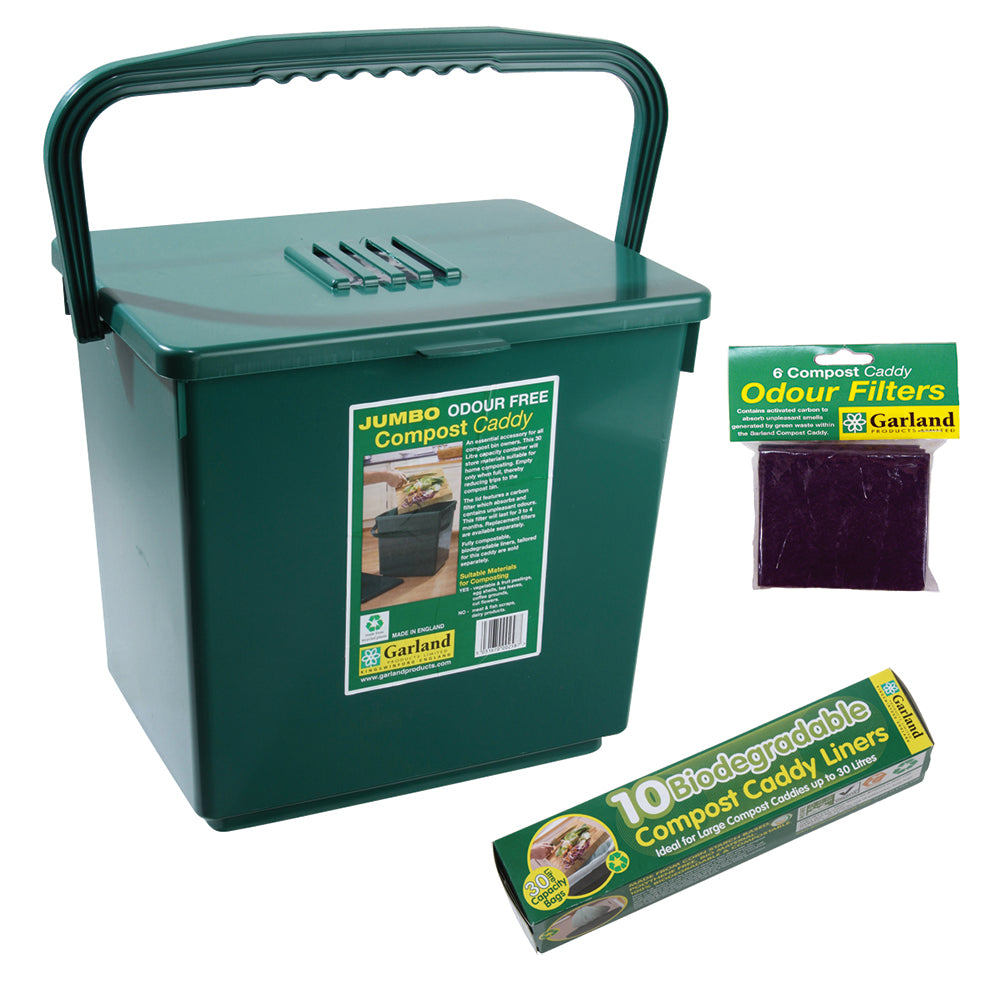 Jumbo 8 Gal Capacity Compost Caddy with replacement filters and biodegradable bags.