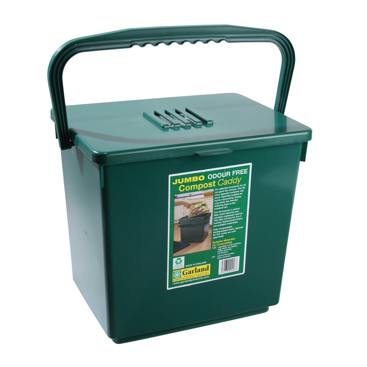 Jumbo Compost Caddy, 8 Gallon Capacity, Recycled Plastic, Odor-Reducing Charcoal Filter, 14.5&quot;W x 11&quot;D x 14&quot;H, Made in England.