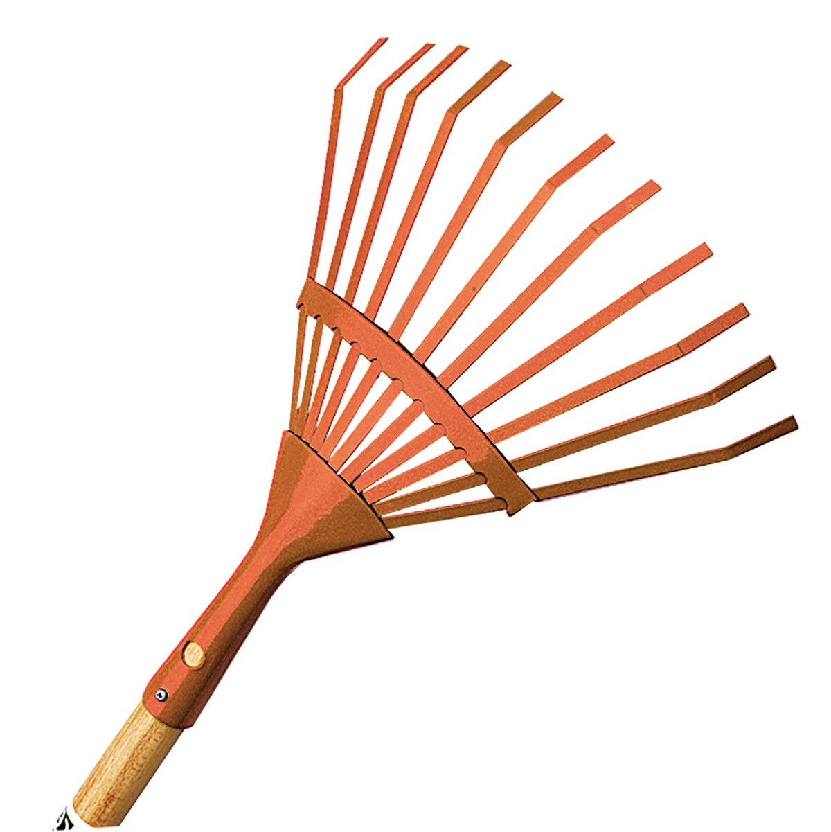 Kid&#39;s leaf rake with wooden handle and steel head, lightweight garden tool.