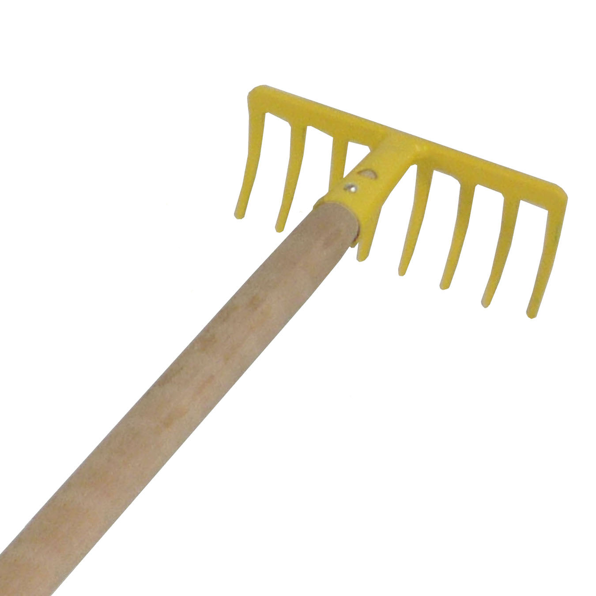 Kid&#39;s soil rake with a durable steel head and sturdy wooden handle, 35.5 inches long, ideal for gardening.