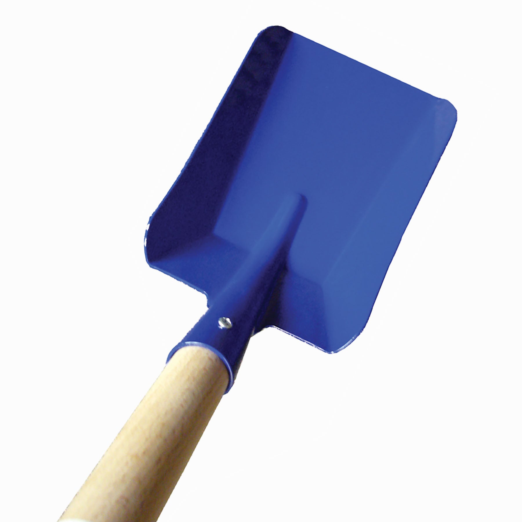 Kid's square shovel with blue steel head and wooden handle, ideal for lightweight gardening tasks.