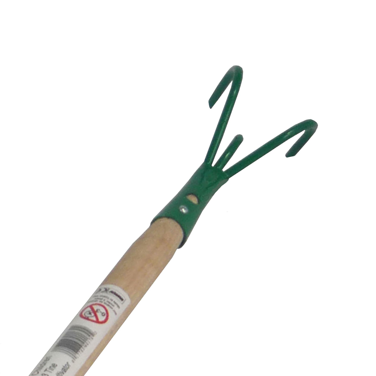 Kid&#39;s 3 tine cultivator with heavy steel head and wooden handle, 35 inches long, ideal for gardening.