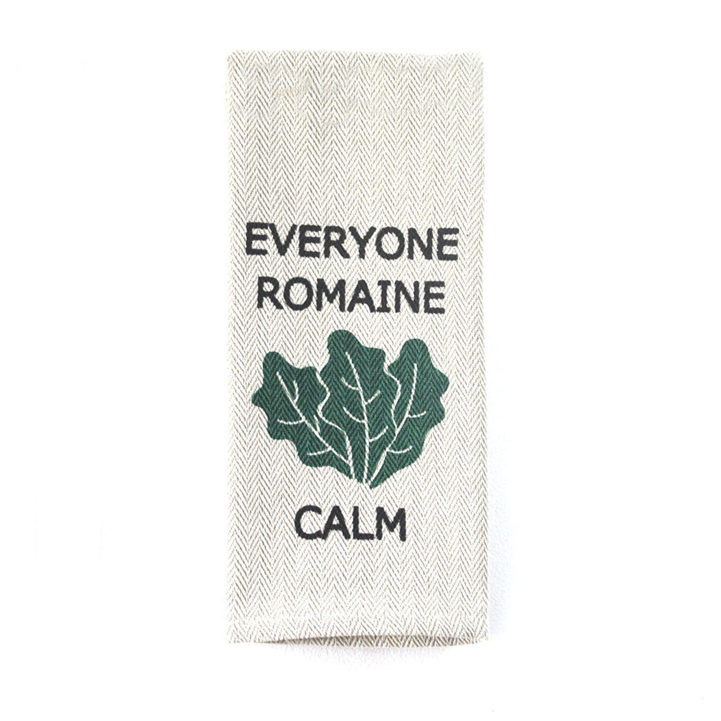 Kitchen tea towel with &quot;Everyone Romaine Calm&quot; design, khaki, 16x28 inches.