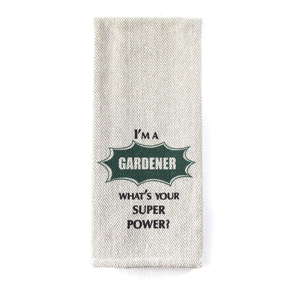 Gardener-themed kitchen tea towel in neutral khaki, 16" x 28", 100% cotton.