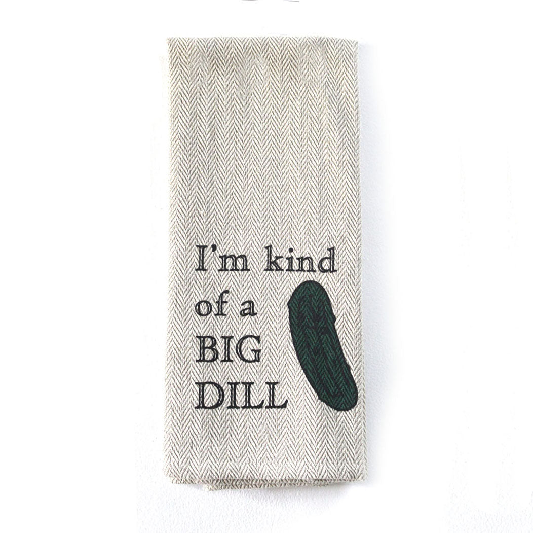 Kitchen tea towel with &quot;I&#39;m Kinda a Big Dill&quot; design, 16&quot; x 28&quot;, khaki, 100% cotton.