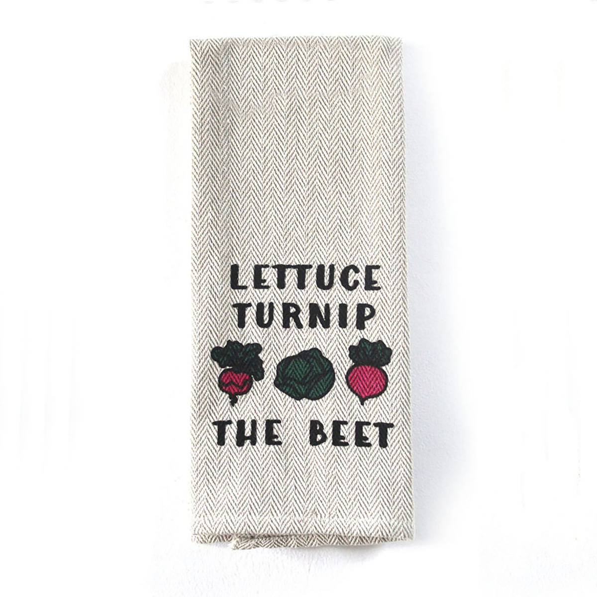 Kitchen tea towel with &quot;Lettuce Turnip the Beet&quot; design, 16&quot; x 28&quot;, eco-friendly cotton.