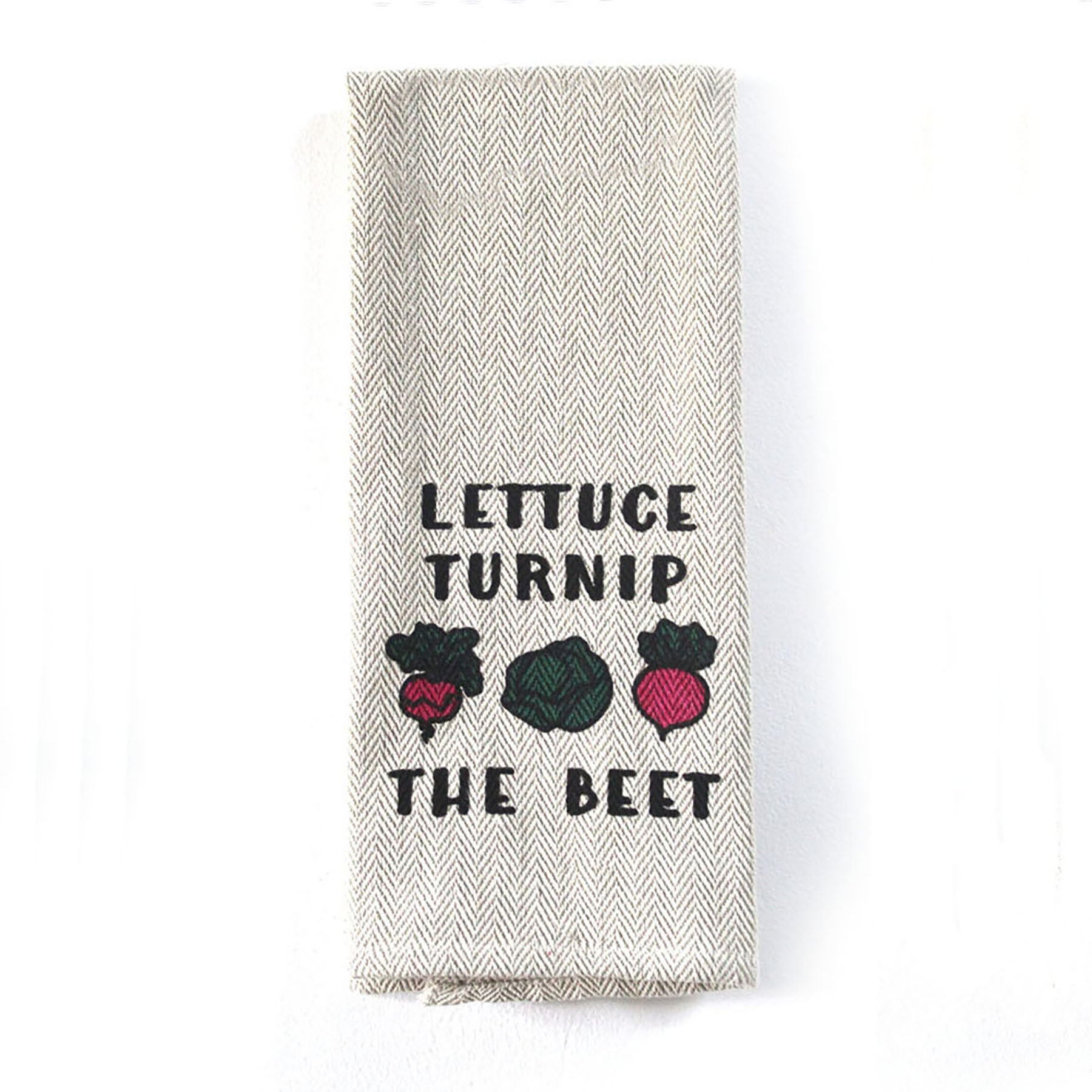 Kitchen tea towel with "Lettuce Turnip the Beet" design, 16" x 28", eco-friendly cotton.