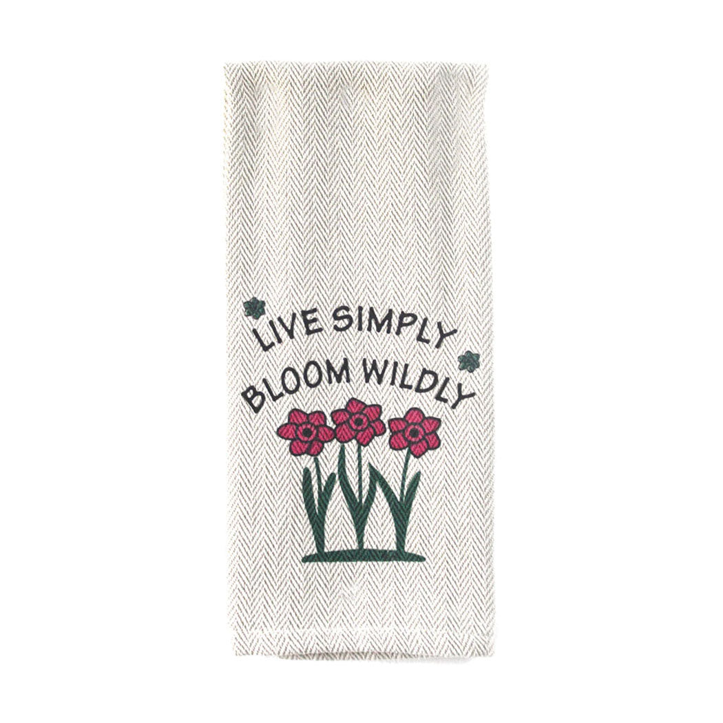 Kitchen tea towel with "Live Simply Bloom Wildly" design, 16x28 inches, 100% cotton, eco-friendly.