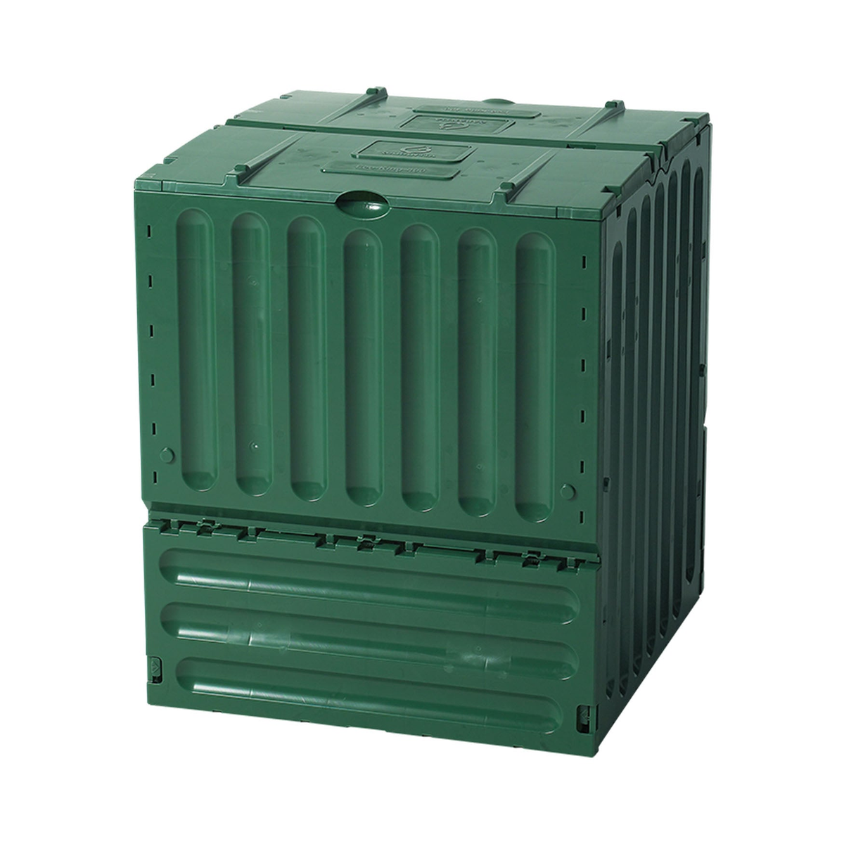 158-gallon green Eco King composter made from recycled polypropylene with convenient flaps and secure latches.