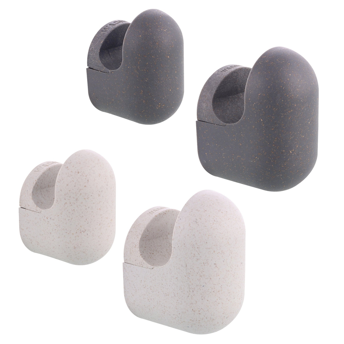 Light and dark gray pill-shaped multipurpose wall hooks, 4 pack in 2 sizes, durable rubber and steel.