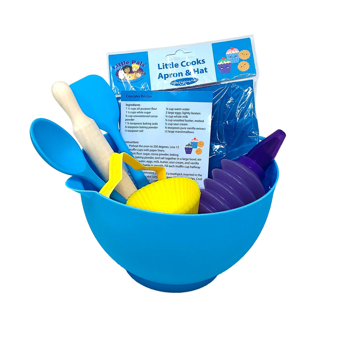 Little Pals 14-Piece Kids Baking Set in Blue with utensils, baking tools, apron, and hat.