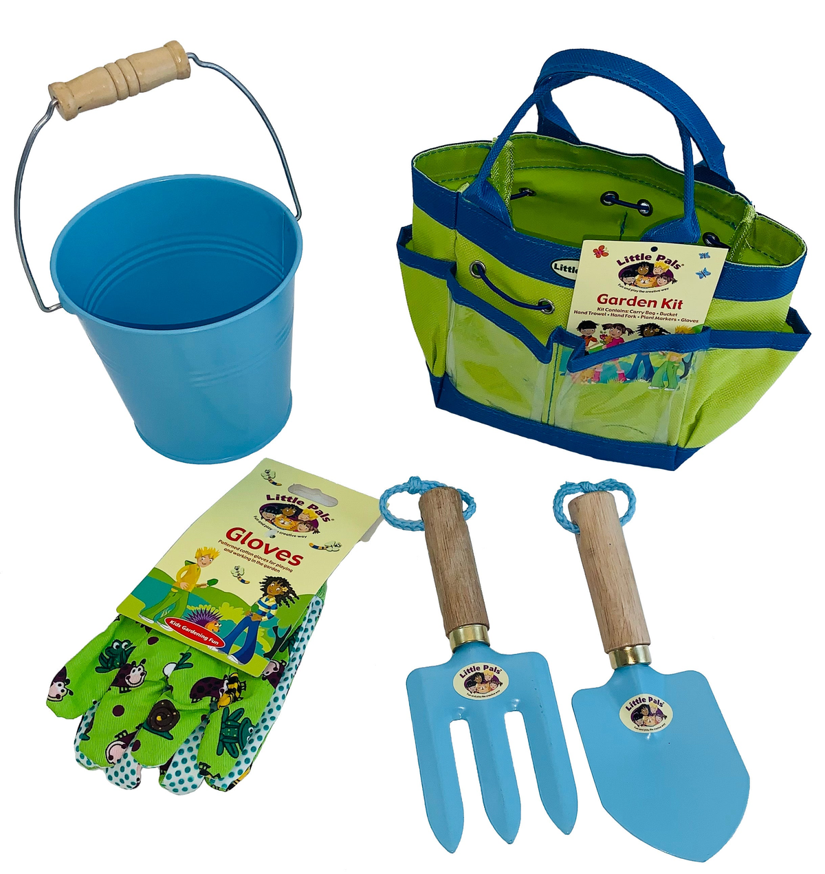 Little Pals Blue Junior Garden Kit with tools, gloves, bucket, and carry bag for kids ages 3-10.