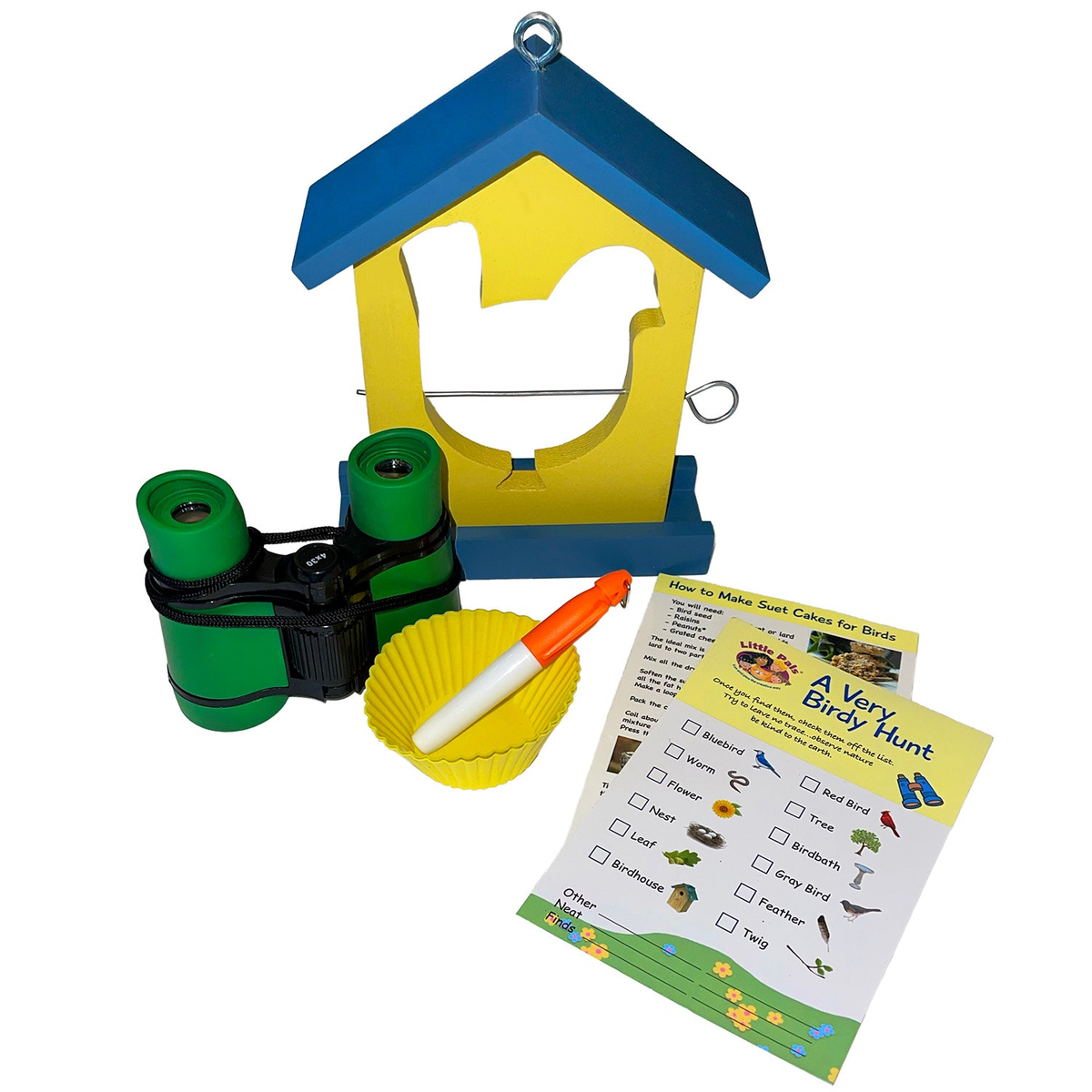 Little Pals Kids Bird Feeding &amp; Observation Activity Kit with bird feeder, binoculars, silicone cups, suet cake recipe, bird hunt card, and marker.