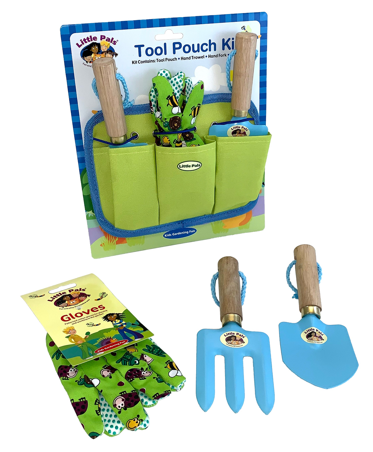 Kids gardening tool pouch kit with garden fork, trowel, and gloves; blue and green design.