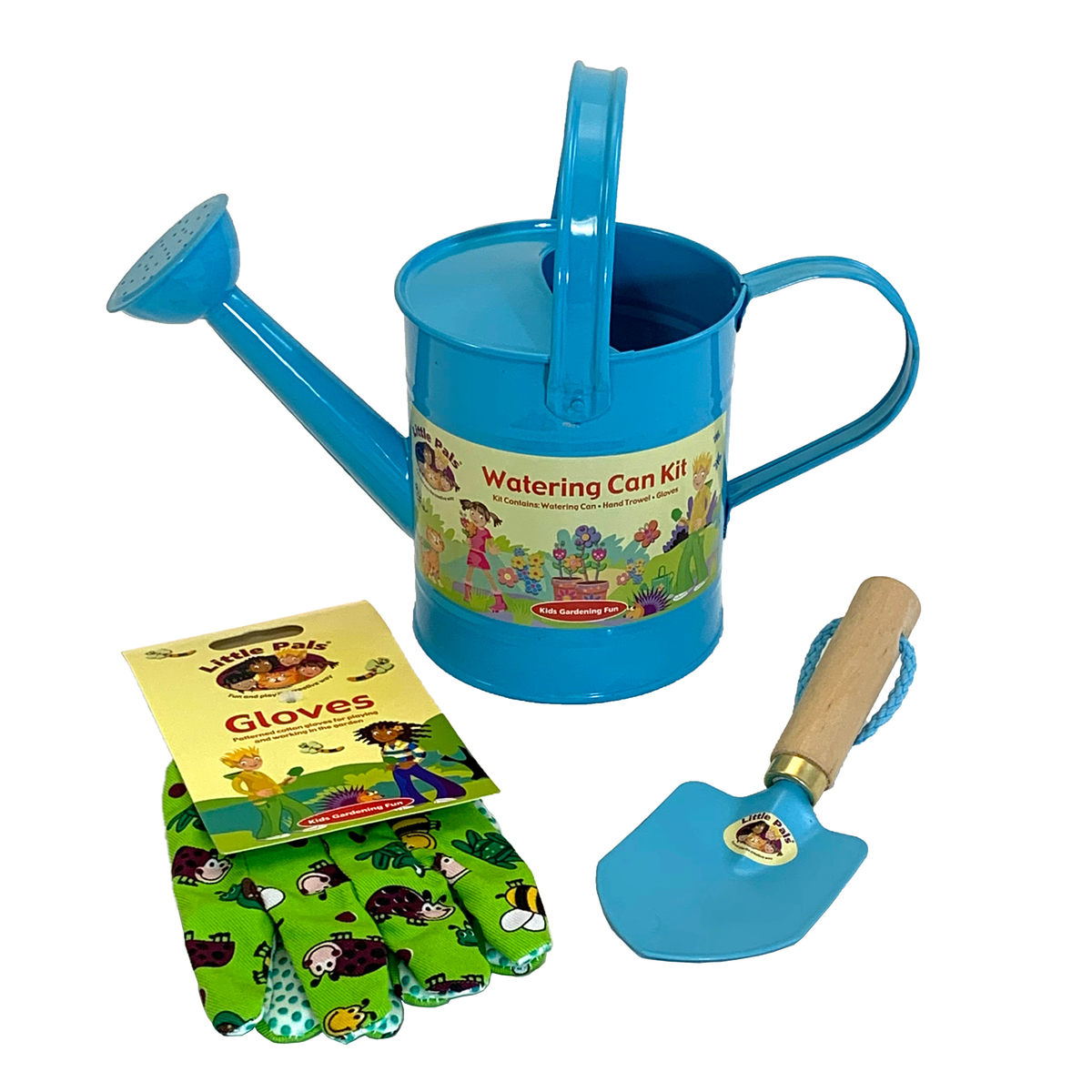 Kids gardening kit with blue metal watering can, trowel, and colorful gloves, perfect for young gardeners.