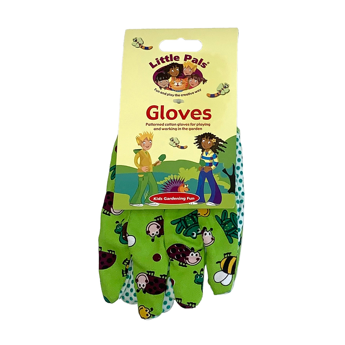 Kids gardening gloves with playful design, warm cotton, 8.5 inches long, fits ages 3-10.