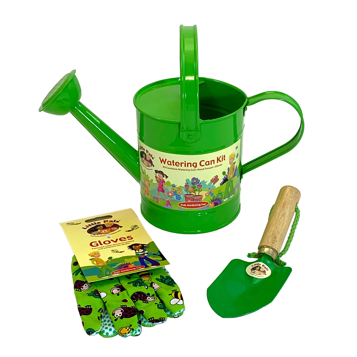 Kids green watering can kit with trowel and gloves for gardening.