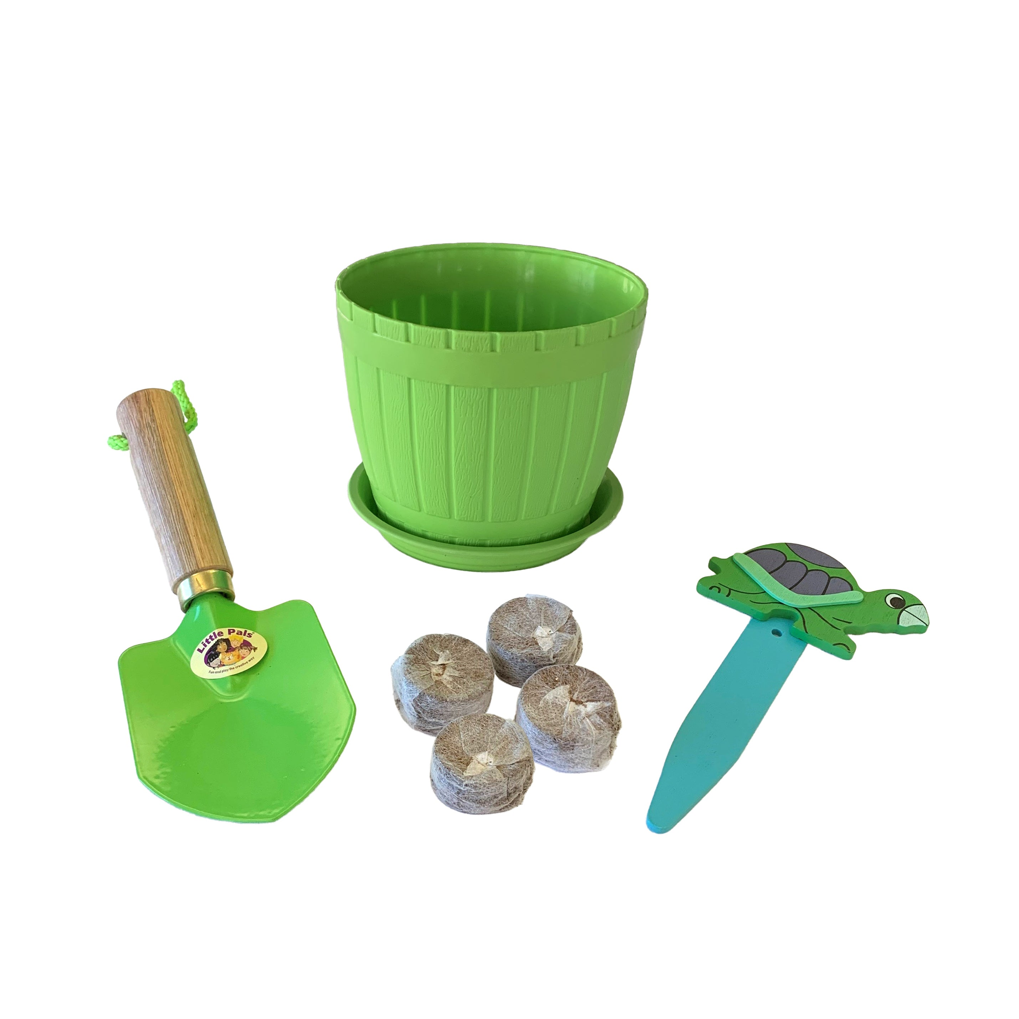 Little Pals Kids Growing Kit with pot, hand trowel, plant marker, and seed-starting coir for young gardeners.