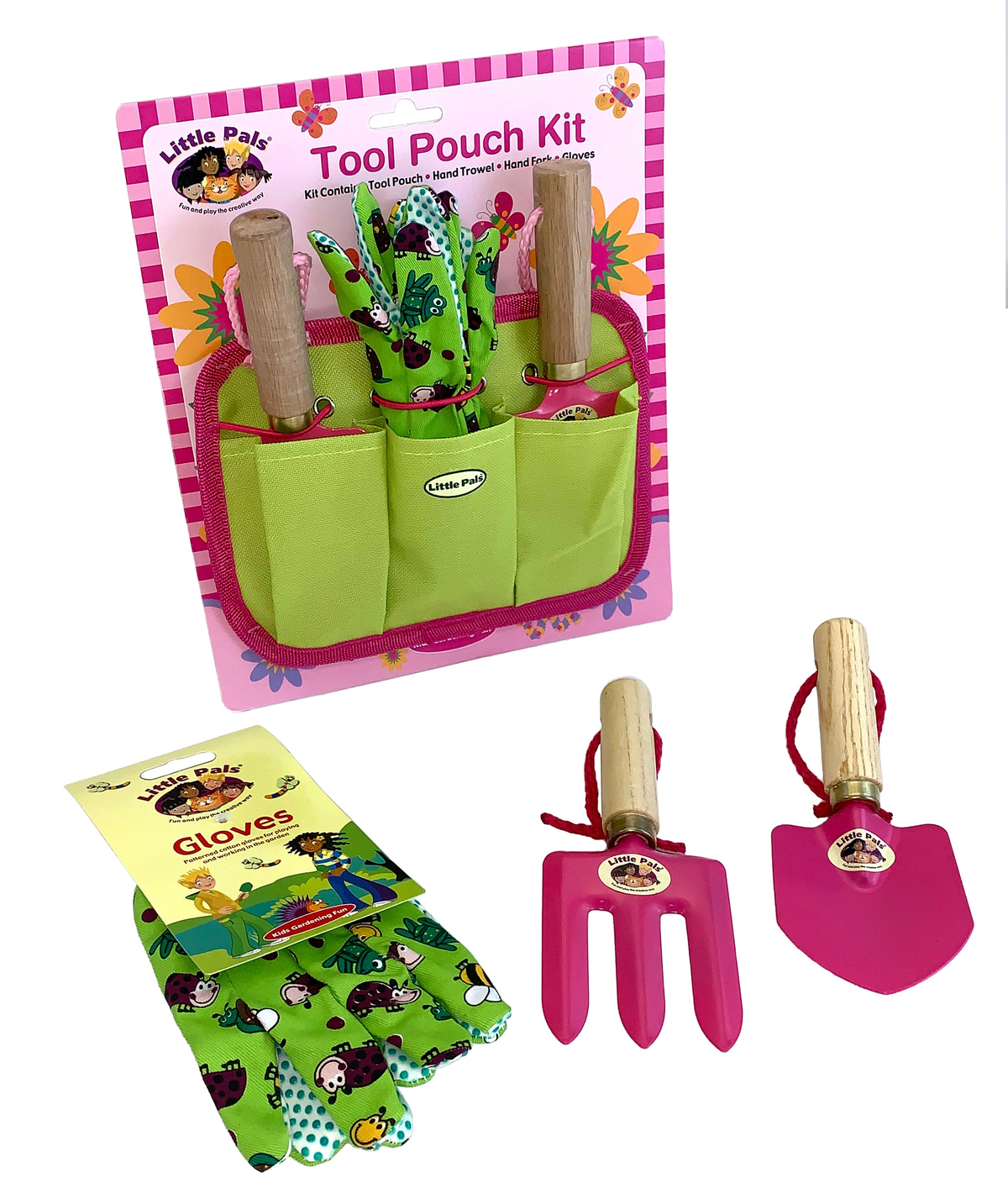 Kids gardening tool pouch kit with pink and green garden fork, trowel, and gloves.