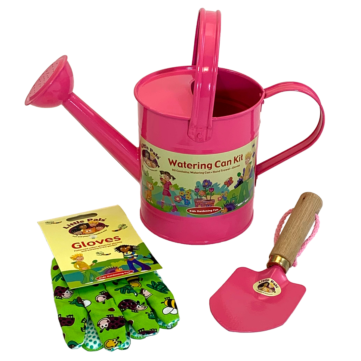 Kids pink watering can kit with trowel and gloves for gardening.