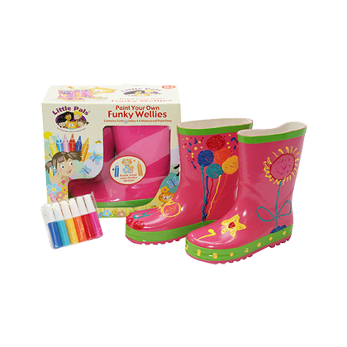 Little Pals pink wellies rain boots with green trim and paint pens for kids.