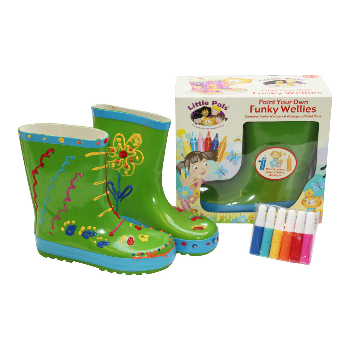 Kids&#39; green rain boots with blue trim, customizable with included paint pens in assorted colors; US size 11.5.