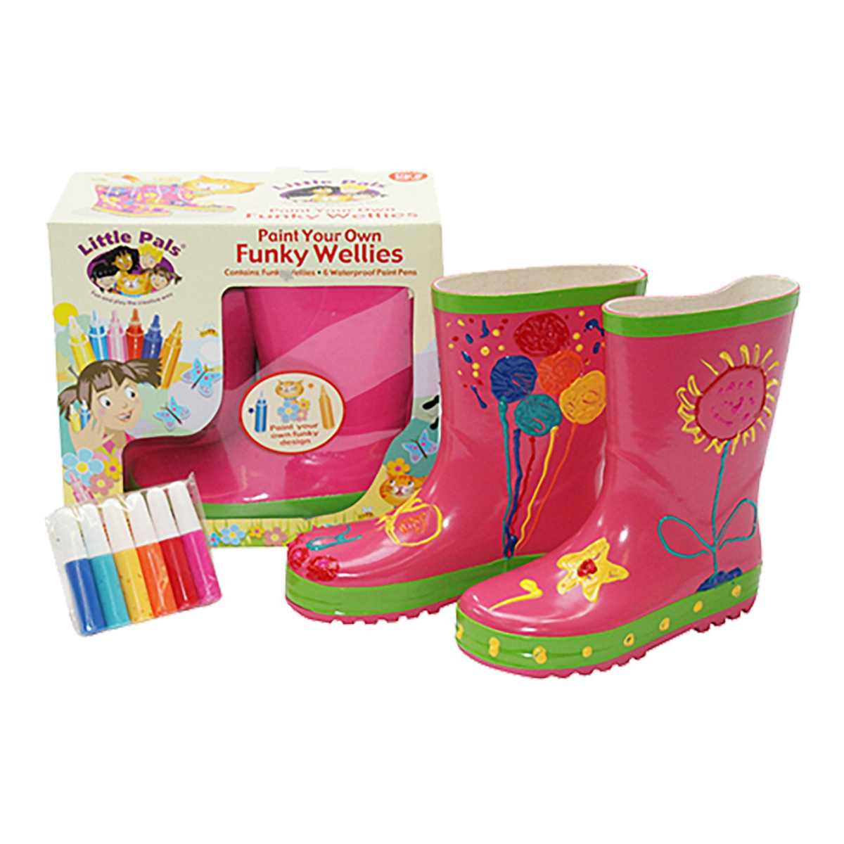 Pink wellies rain boots with green trim and paint pens for kids, US size 11.5.