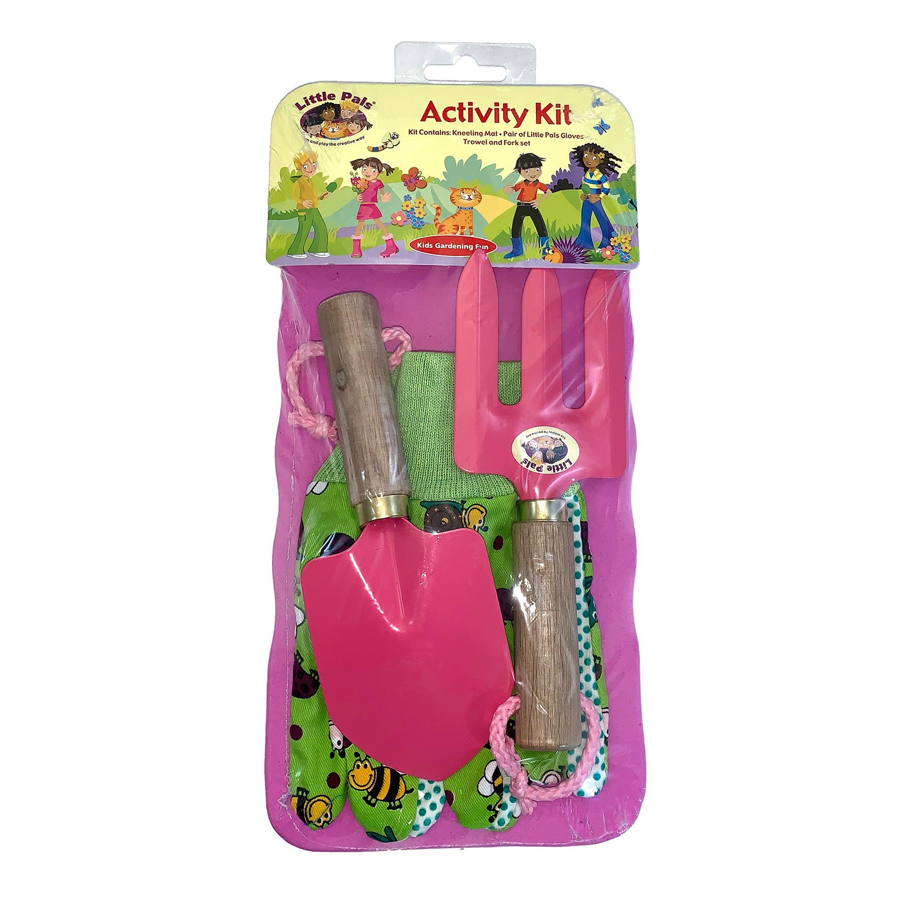 Little Pals Pink Activity Kit with foam kneeler, hand trowel, fork, and children's gloves.