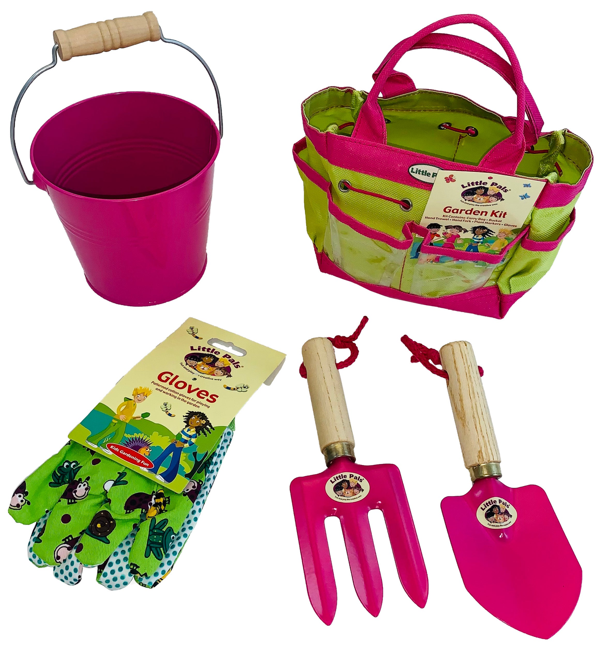 Pals Pink Junior Garden Kit with tote bag, tools, gloves, and bucket for kids aged 3-10.