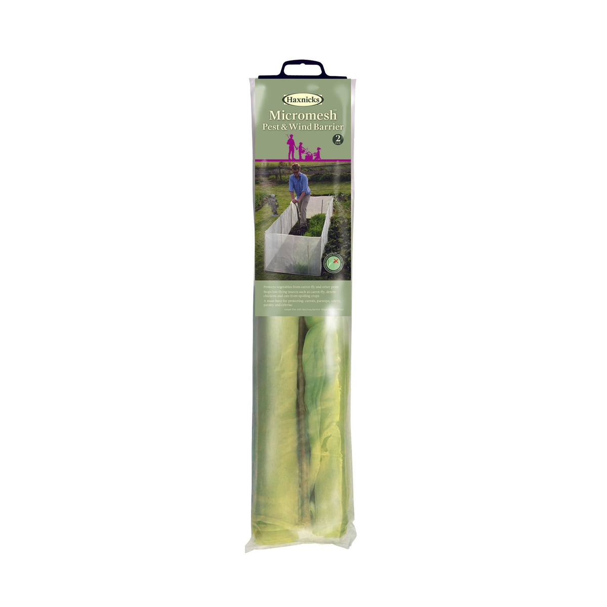 Micromesh Pest &amp; Wind Barrier packaging with green tint and bamboo supports.