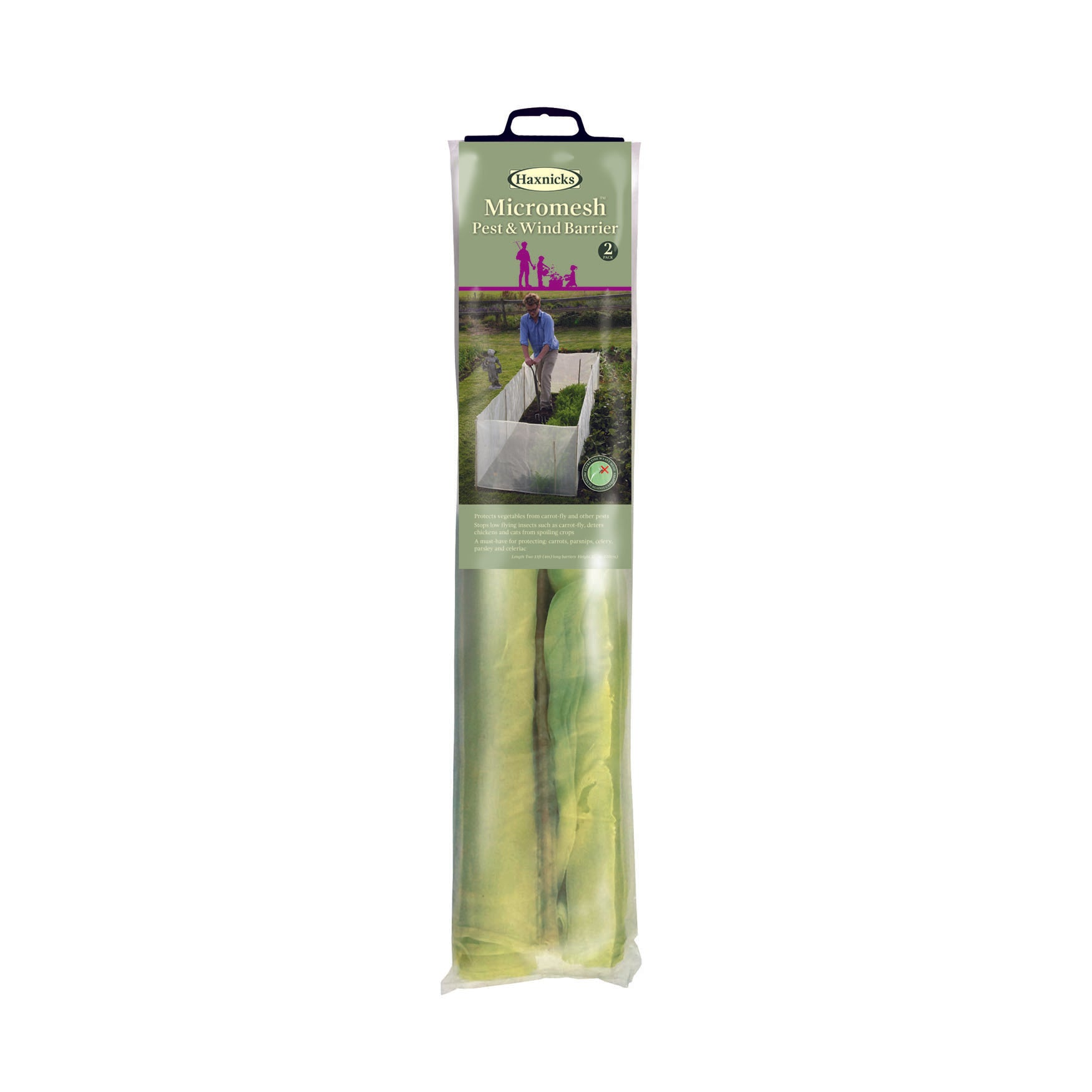 Micromesh Pest & Wind Barrier packaging with green tint and bamboo supports.