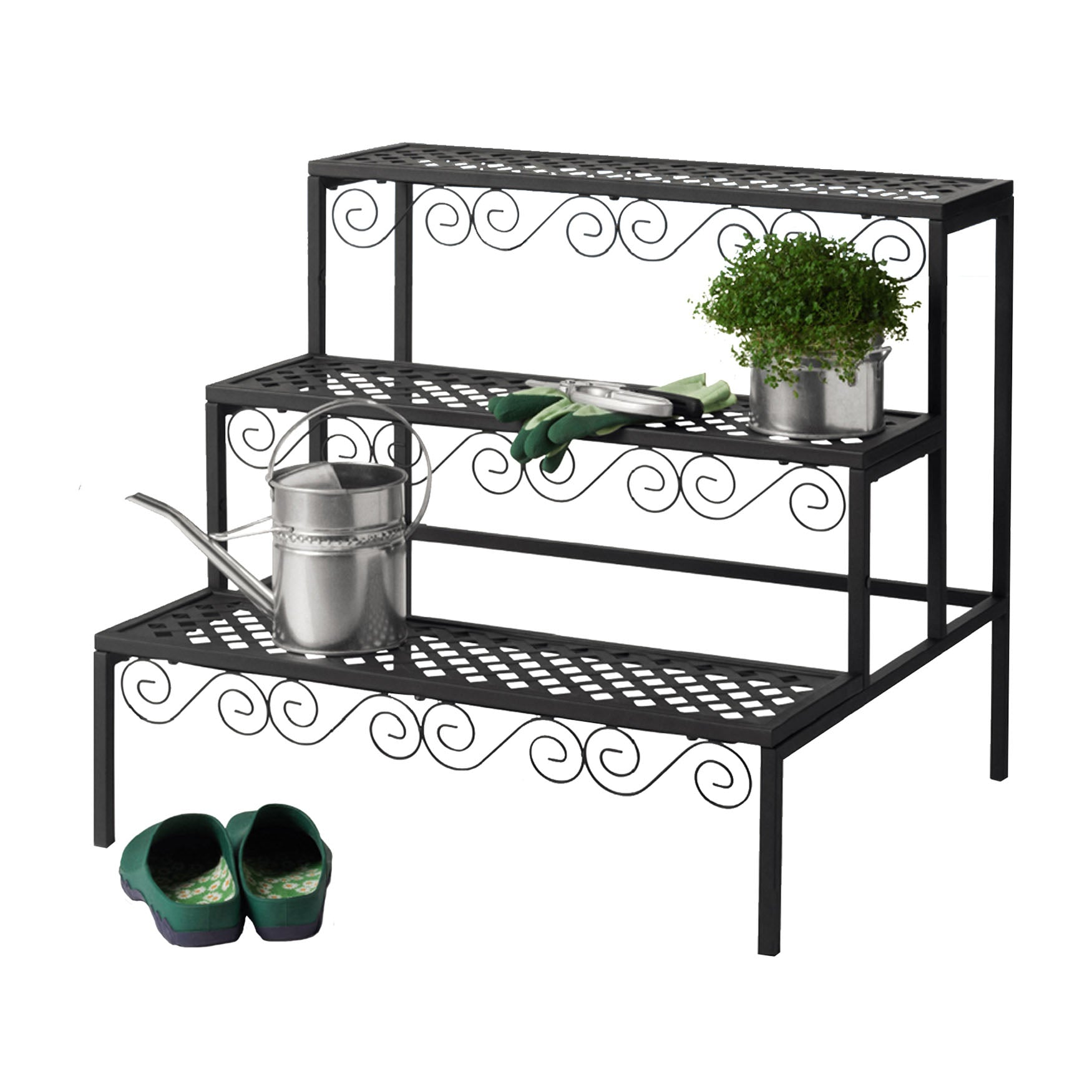 Three-tier middle plant stand with scrollwork design, made of black powder-coated tubular steel, for indoor or outdoor use.