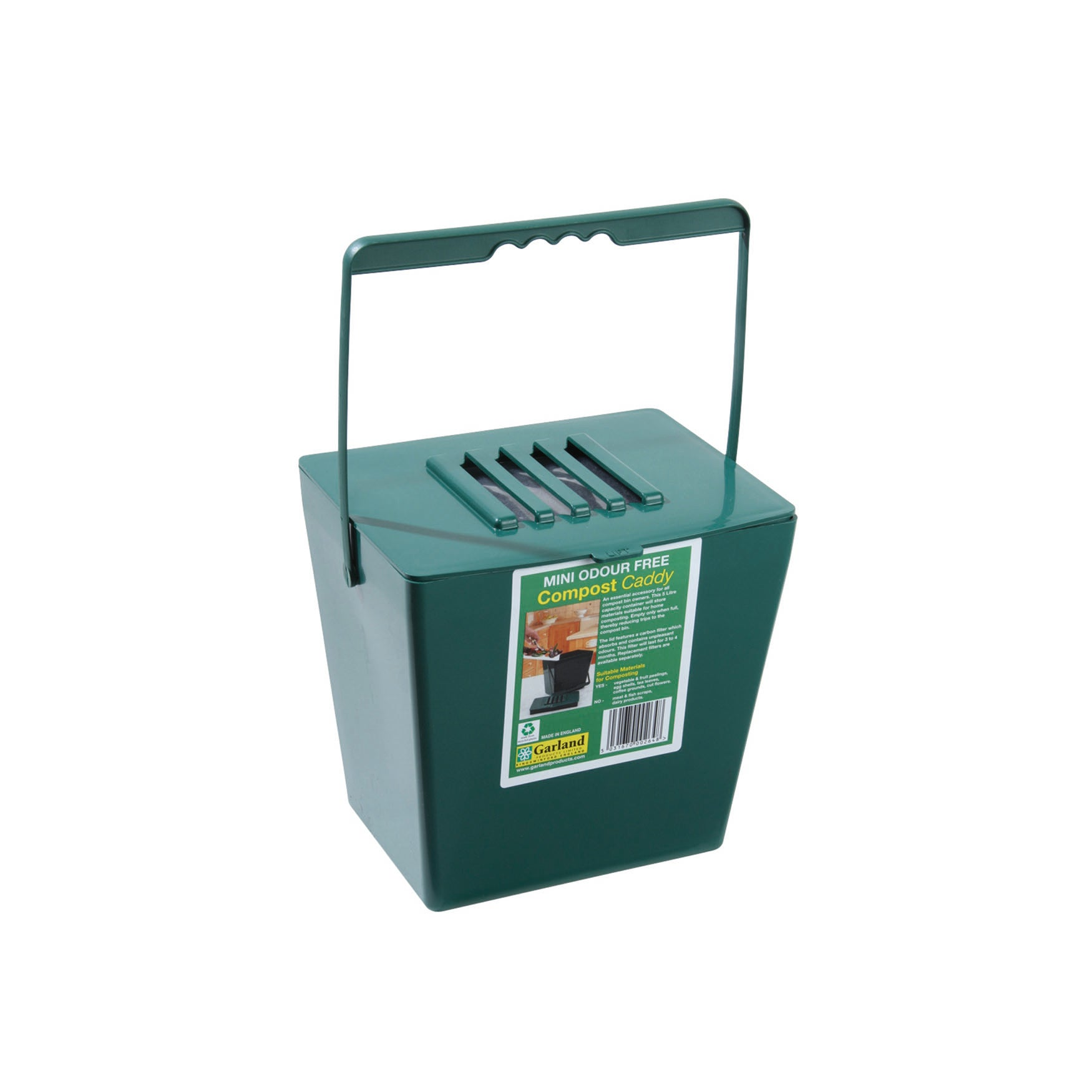 Mini Compost Caddy, green recycled plastic with handle, 1.3-gallon capacity, 6.5"W x 8.5"D x 8.5"H, odor-neutralizing charcoal filter.