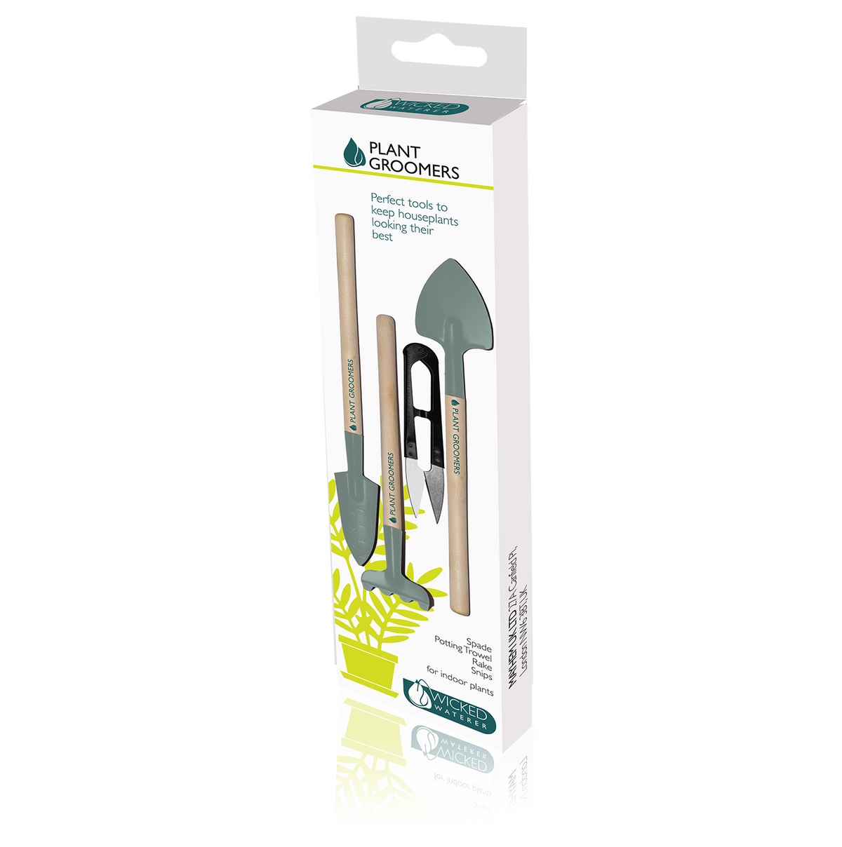 Mini plant grooming kit with 4 tools: spade, trowel, rake, and snips for indoor use.