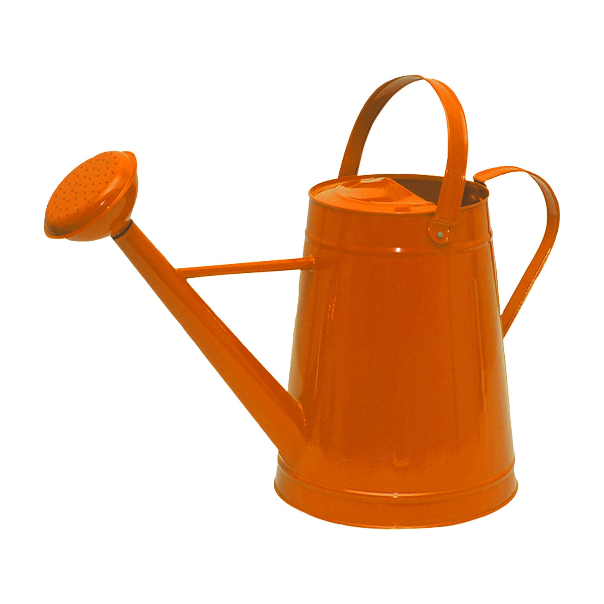 Orange metal traditional watering can, 2.1-gallon capacity, dual handles, leak-proof sprinkler head, durable galvanized steel.