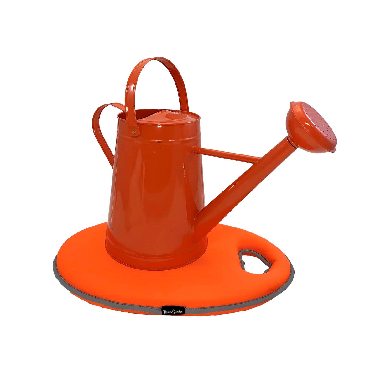 Orange metal watering can and kneeling cushion set, perfect for indoor and outdoor gardening.