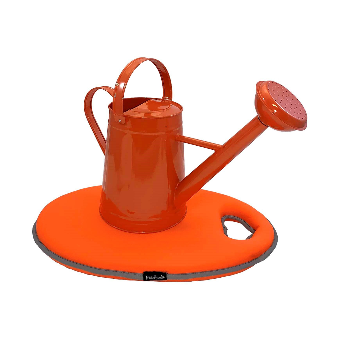 Orange metal watering can with memory foam kneeling cushion, ideal for indoor and outdoor gardening.