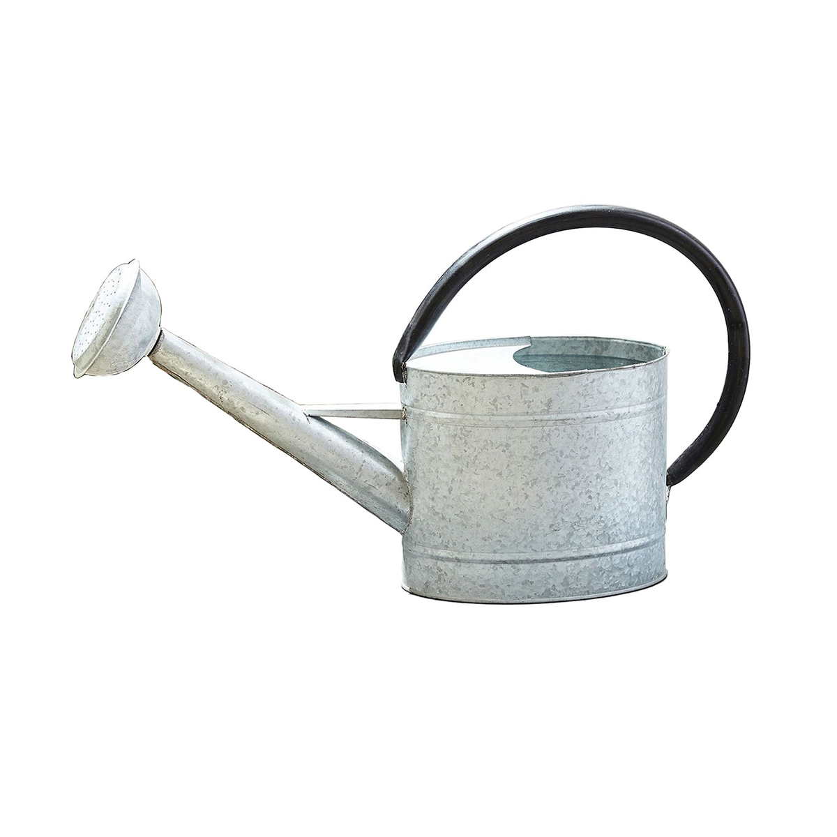 1.3 Gallon Oval Aged Zinc Watering Can made of powder-coated galvanized steel with a no-leak rosehead.