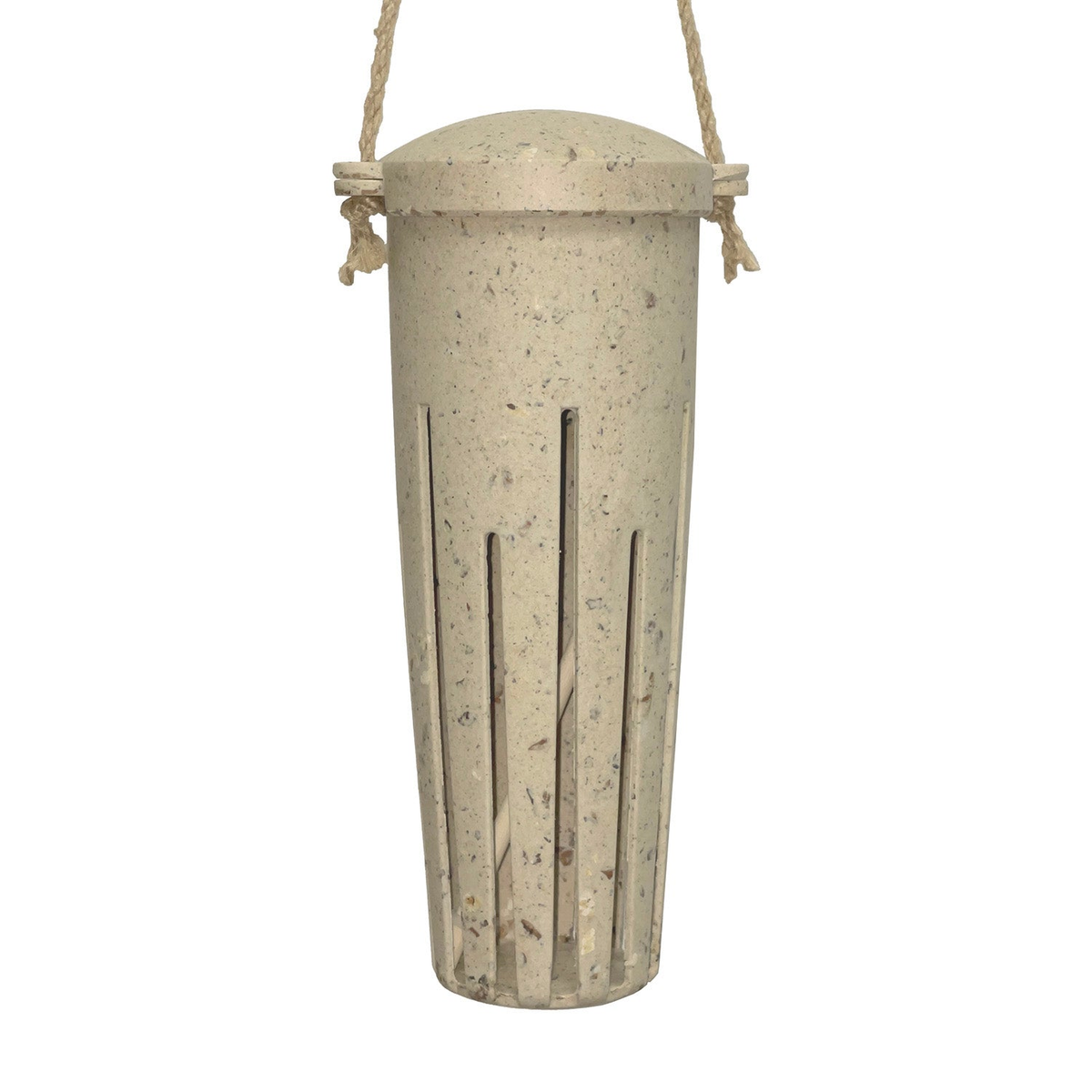 Earthy sustainable peanut feeder made from coffee husks, 9.25&quot; high and 3.25&quot; diameter, vegan-friendly and frost-proof.