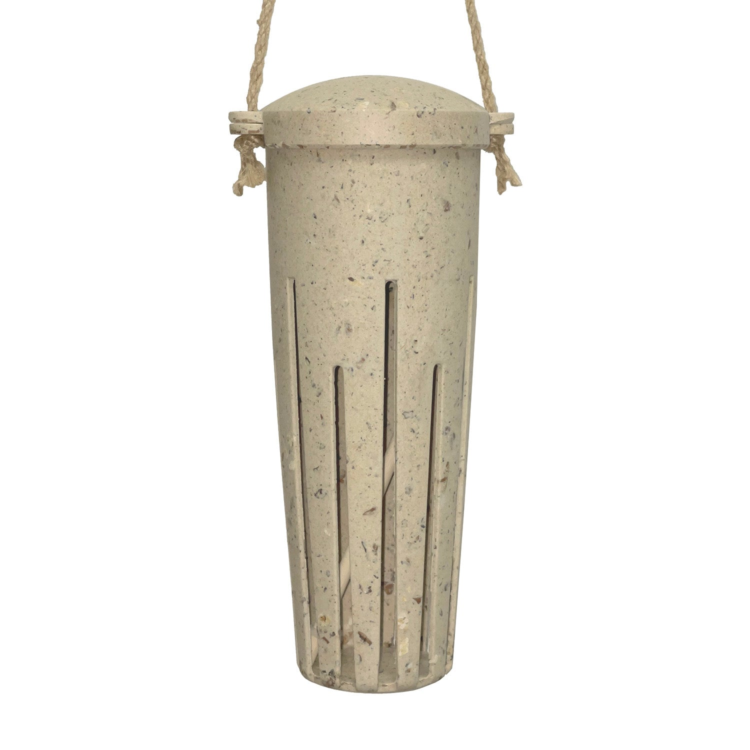 Earthy sustainable peanut feeder made from coffee husks, 9.25" high and 3.25" diameter, vegan-friendly and frost-proof.