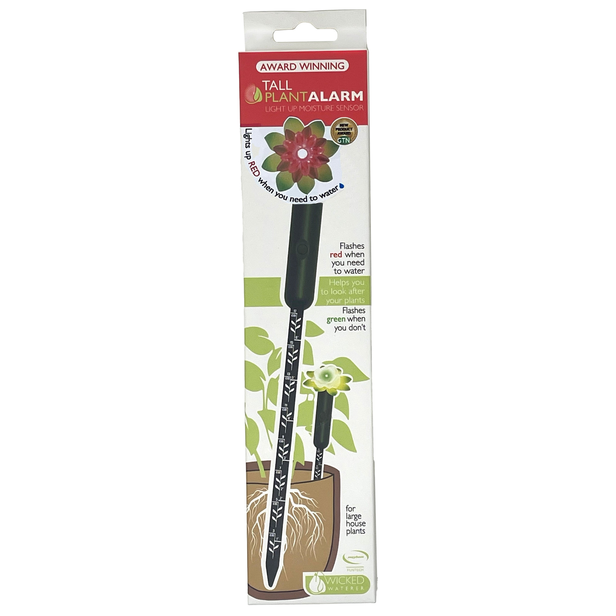 Moisture level indicator for indoor plants, 10.5-inch red/green Plant Alarm.