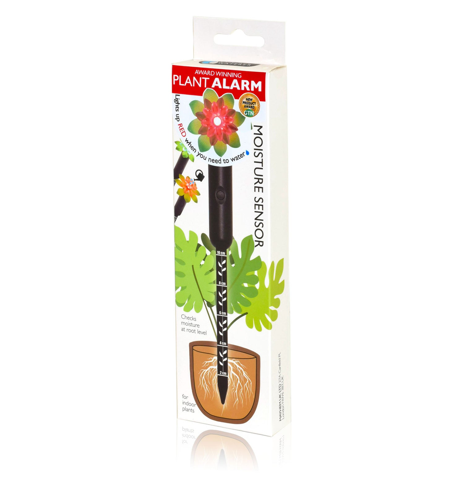 8" Plant Alarm moisture sensor with red/green light indicator for indoor plants.